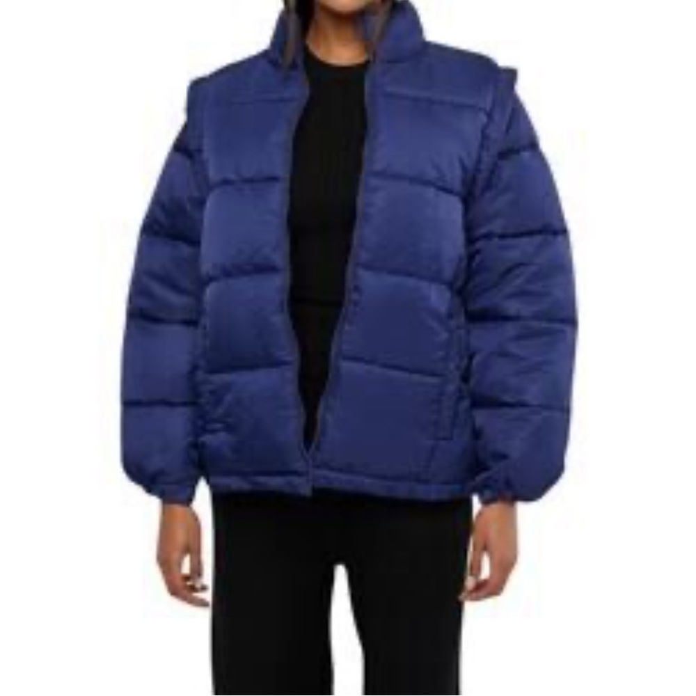 WeWoreWhat Zip Off Sleeve Puffer Jacket Size XS Dark Blue Navy Puffer Jacket